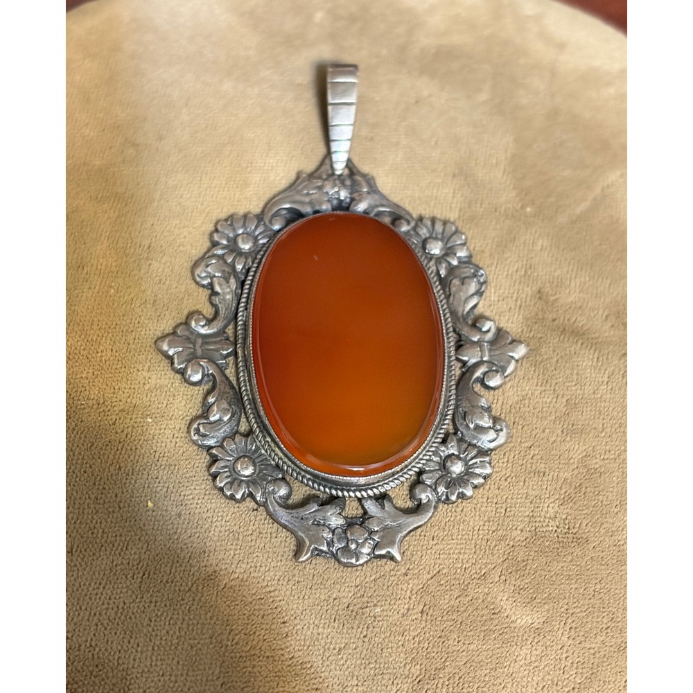 Vintage Ornate Floral Scroll 800 Silver Pendant Large Oval Carnelian Stone